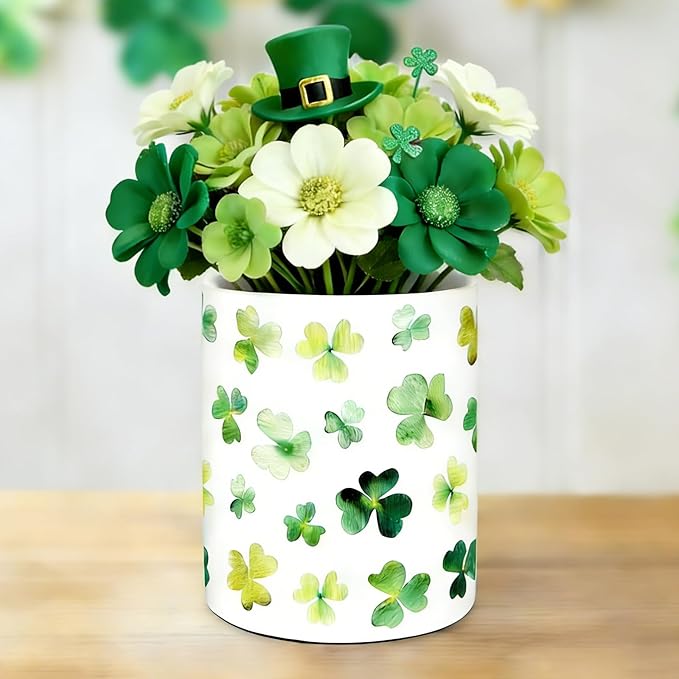 JarThenaAMCS St. Patrick's Day Ceramic Kicthen Utensil Holder Watercolor Green Shamrock Clover Utensil Crock for Irish Holiday Home Countertop Storage Organizer Container