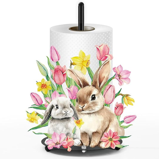Whaline Easter Paper Towel Holder Kitchen Decor Accessories Floral Bunny Rabbit Flower Large Metal Towel Holder Stand for Spring Home Party Bathroom Countertop