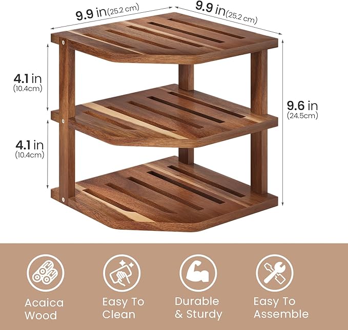 3 Tier Acacia Wood Corner Shelf,Dish Drying Rack,Plate Organizer,Kitchen Spice Rack for Countertop and Cabinet,Pantry Organization and Storage