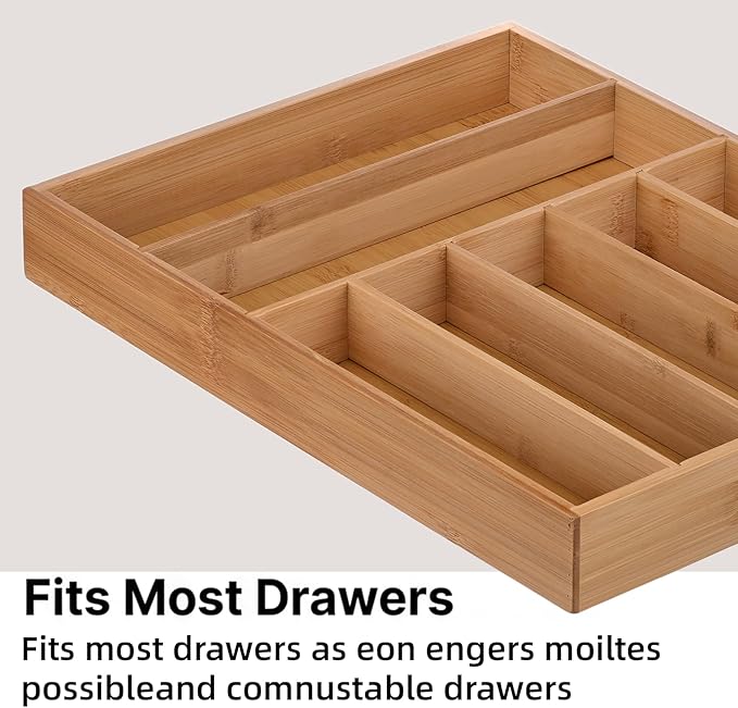 JIMMY LUCKY Wooden Silverware Organizer for Drawer, Bamboo Utensil Drawer Organizers, Kitchen Utensil Organizer Tray with 7 Storage Compartments, Flatware Organizers for Cutlery Flatware