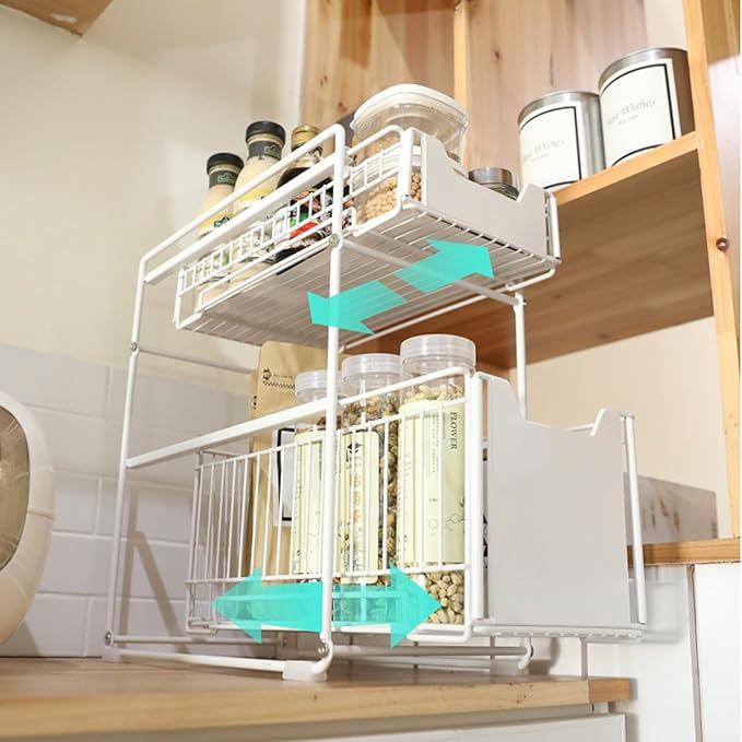 Pull Out Cabinet Organizer, 2-Tier Storage Wire Baskets With Sliding Storage Drawer, Carbon Steel Sliding Drawer Shelf Baskets for Kitchen Pantry Bathroom14.7''D×11.1''W×17.32''H