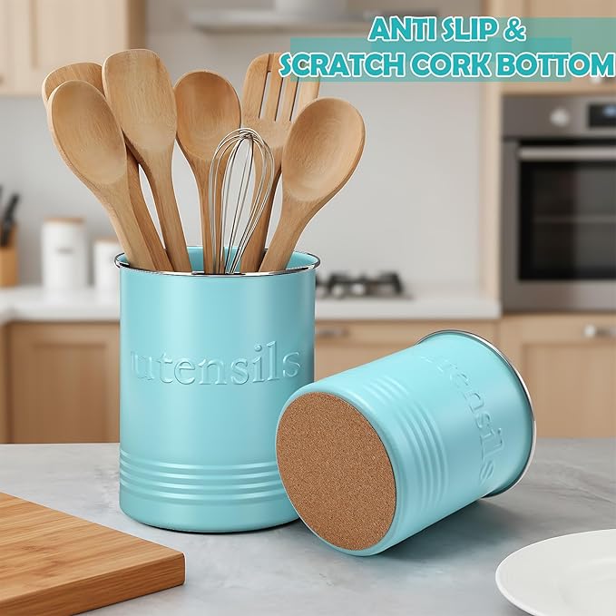 2 Pack Kitchen Utensil Holder for Counter 6.7"+4.7" Farmhouse Cooking Utensil Crock with Cork Bottom Modern Farmhouse Decors Countertop Storage Organizer Caddy Housewarming Gift(Turquoise)