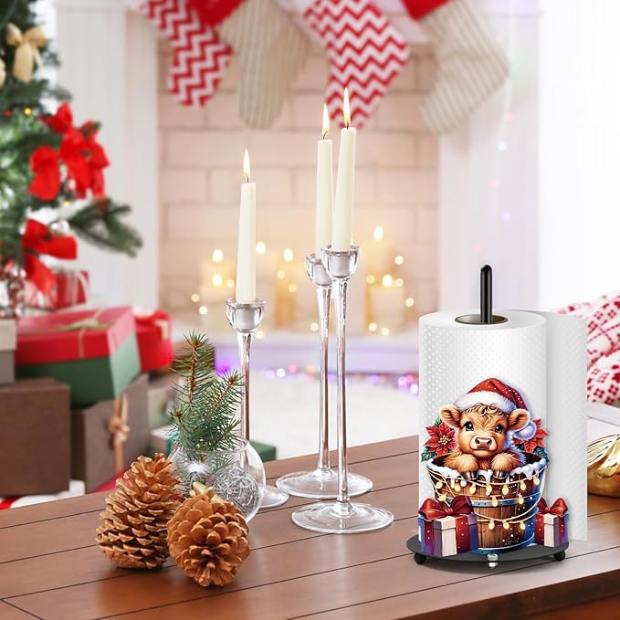 JarThenaAMCS Highland Cow Christmas Paper Towel Holder with Round Base Large Metal Xmas Bathroom Decor Rustic Dispenser Kitchen Paper Holder Stand for Winter Party Countertop Toilet Home Accessories