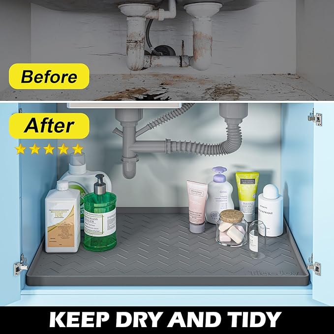 TigeJoy Under Sink Mats for Kitchen Waterproof, Leak-Proof Silicone Mat Sink Protector and Cabinet Liner, Kitchen Essentials Organizer and Storage 31" x 22" Light Grey