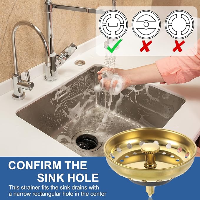 uxcell 3 Pcs Kitchen Sink Drain Strainer Light Gold, Stainless Steel Kitchen Sink Strainer and Stopper, Anti-Clogging Basket with Handle, for Most Kitchen Sink Strainer Replacement