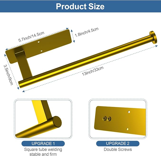 Paper Towel Holder Under Cabinet, Upgraded Adhesive Paper Towel Holder Wall Mount for Kitchen, Bathroom, RV, Bend-Resistant, Self-Adhesive or Drill mounting, Stainless Steel, Gold
