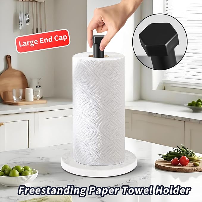 Paper Towel Holder, Kitchen Paper Towels Holder Stand, Stainless Steel Paper Towel Holder -High-Grade Marble Weighted Base, Non-Slip Protect The countertop - Matte Black