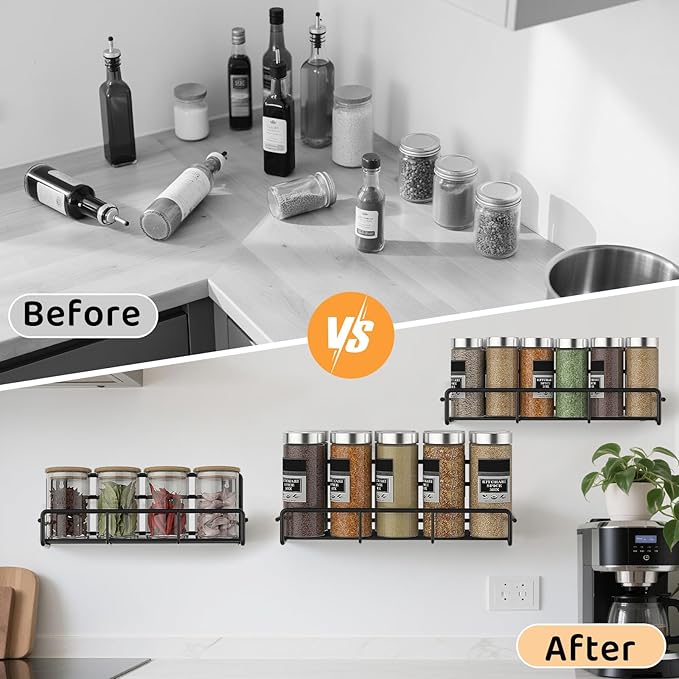 2 Pack Wall Mount Spice Rack Organizer, for Kitchen Pantry Door Storage and Organization, Heavy-Duty Metal Kitchen Spice Rack, Flexible Wall Iron Shelves with Adhesive Hook, Black