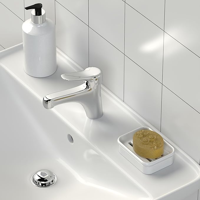 2-Piece Composite Granite Soap Dish for Shower - Elegant Stone-Look Bar Soap Holder with Strainer - Durable & Non-Porous Soap Tray for Bathroom and Kitchen Sink, Easy Clean (White)