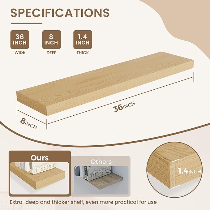 Dreamland 36 Inches Floating Shelves for Wall, 8" Deep Long Floating Shelves Set of 2, Large Display & Storage Shelf, Wall Shelf for Bathroom Bedroom Living Room Kitchen Office, Oak