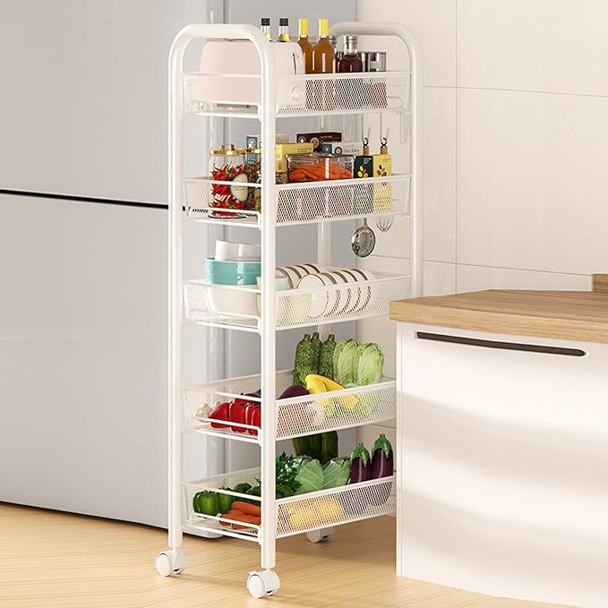 5-Tier Slim Rolling Cart with Wheels, Stackable Narrow Storage Trolley, Mesh Basket Kitchen Utility Cart, Fruit Vegetable Organiser for Pantry, Laundry, Bathroom, Easy Assembly White