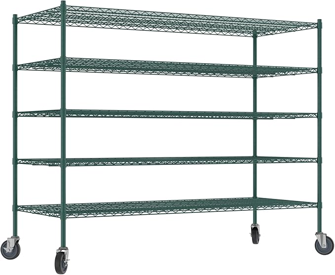 Commercial NSF Listed Green Epoxy Mobile Wire Shelving Kit 30" x 72" x 60", with 5 Shelves Perfect for Warehouse, Walk-in Refrigerator, Freezer, Grocery Store, Restaurant, Dishroom