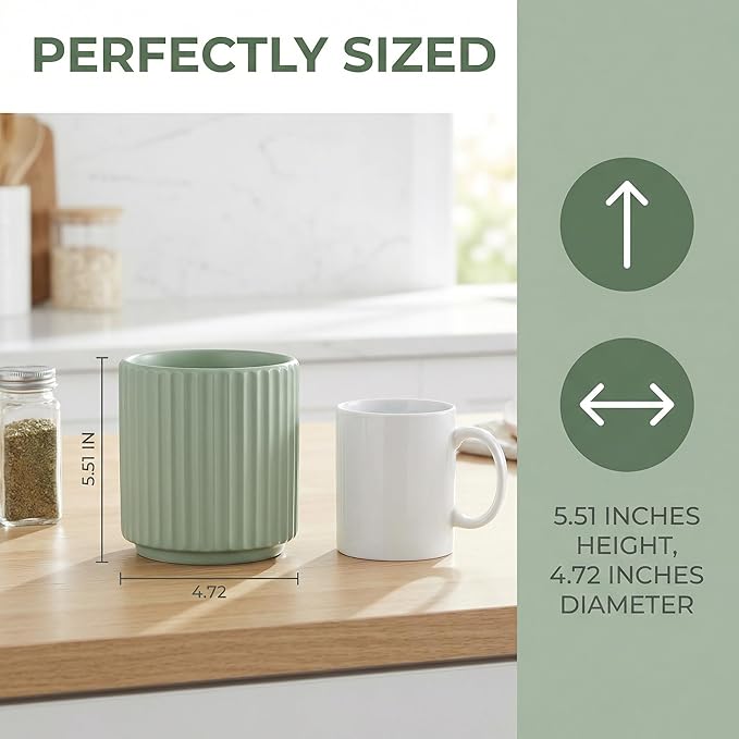 Cooking Utensils Holder for Kitchen Counter (H5.51” x W4.92”), Ceramic Crock for Kitchen Utensils, Cooking Spoon Holder for Countertop, Includes Silicone Drying Mat Green