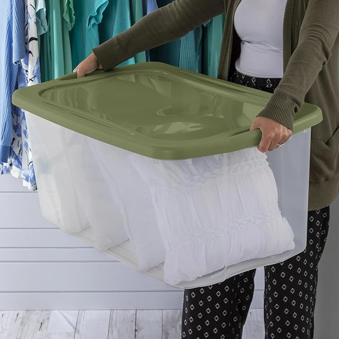 120 Quart Extra Large Clear Plastic Storage Bin with Full-Grip Handles and Lid, Heavy Duty Stackable Design for Toy Storage & Home Organizing, Craft Supplies, Green (2)