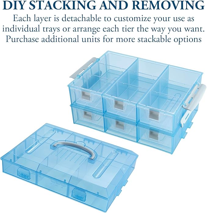 MyGift 11 Inch Sky Blue Transparent Arts and Crafts Sewing Supplies Storage Organizer Case with White Accents, 24 Customizable Compartments, 6 Drawers Removable Dividers