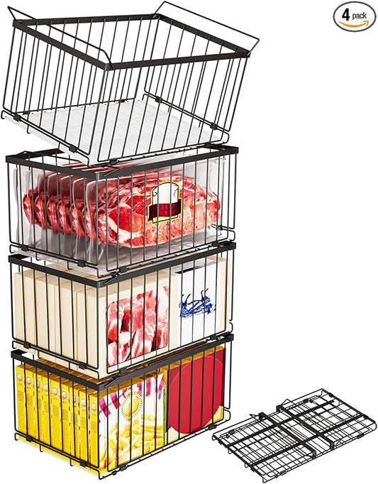 Large Freezer Organizer Bins, Upgrade One-Touch Open/Close, 4 Pack Big Stackable Deep Freezer Organizer Bins, Black Wire Foldable Baskets with Handles, for 5 to 7 Cu.FT Deep Freezer Sort Frozen Meats
