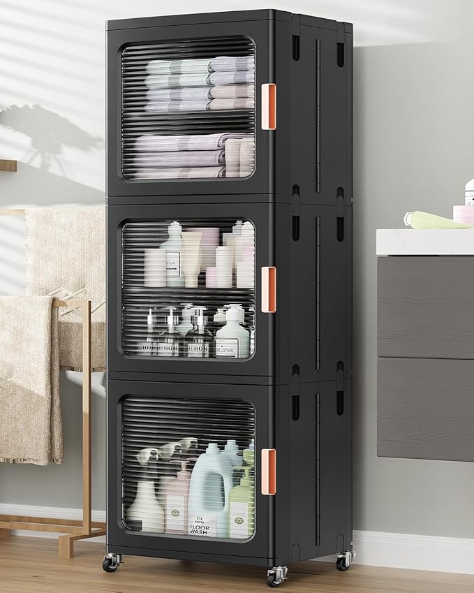 BROVIEW 3-Tier Tall Narrow Storage Cabinet 14.6” Wide, Slim Bathroom Cabinets with Adjustable Shelves and Doors, Plastic Kitchen Pantry Organizers and Storages for Small Space, Laundry, Black