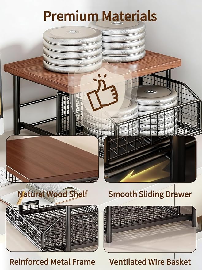 Kitchen Countertop Organizer with Drawer and Wire Basket, Microwave Cart Stand with Sliding Storage Shelf, Space-Saving Counter Organizers Rack, Compact 2-Tier Shelf for Coffee Maker(Teak-White)