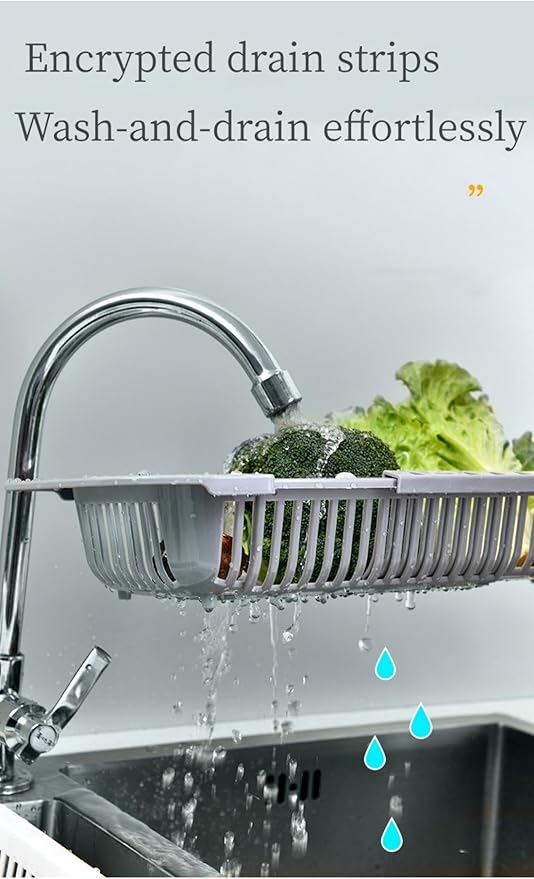 Adjustable Dish Drainer Dish Rack Over The Sink,Drying Rack, Extendable Vegetable Fruit Washing Basket, Collapsible Strainer Basket,Plastics(Grey+White)