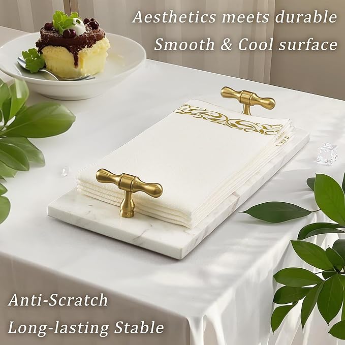 Marble Napkin Holder, Guest Towel Holder Tray, White Marble Tray for Bathroom & Kitchen Countertop with Brass Handles, Decorative Bathroom Napkin Holder for Home Decor