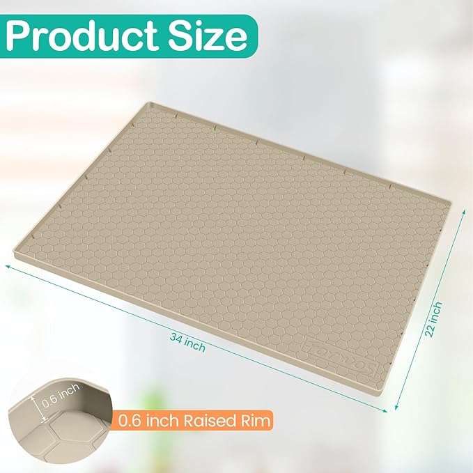 FORWOS Waterproof Under Sink Mat 34" x 22", Silicone Cabinet Liner, Rubber Protector for Kitchen and Bathroom, Keeps Cabinets Clean, Dry, and Organized (Khaki)