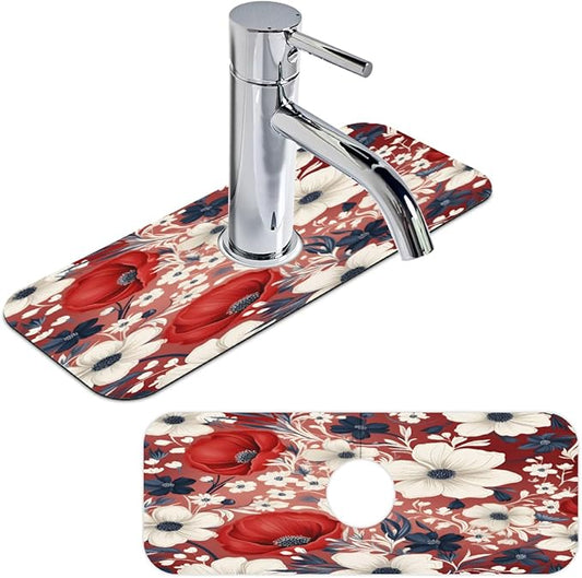 Red White Floral Bliss Kitchen Faucet Mat Splash Guard, 15.4”x5.7” Absorbent Quick Drying Sink Mat for Countertop Protection, Draining Mat Sink Protectors For Kitchen Bathroom, 1 Pack