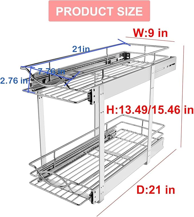 Pull Out Cabinet Organizer 9" W x 21" D 2-Tier Individual Slide Out Drawer Pantry Shelf Storage for Kitchen Base Cabinet Organization for Kitchen, Bathroom, Pantry, Chrome