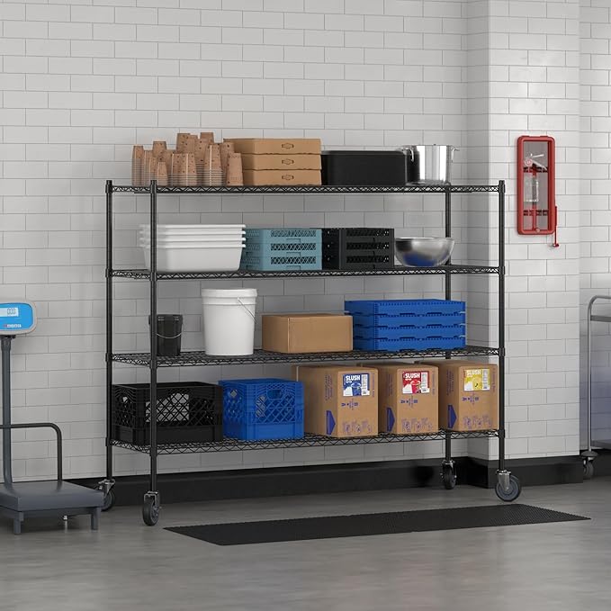Commercial NSF Listed Black Epoxy Mobile Wire Shelving Kit 21" x 72" x 60", with 4 Shelves Perfect for Warehouse, Walk-in Refrigerator, Freezer, Grocery Store, Restaurant, Dishroom