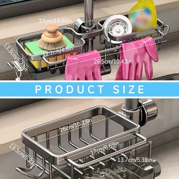 Sink Organizer Rack for Kitchen and Bathroom, 2024 New Kitchen Sink Faucet Organizer with Drip Tray Faucet Sponge Holder (Black, Right)