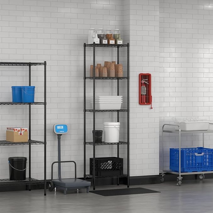 Commercial NSF Listed Black Epoxy Stationary Wire Shelving Kit 14" x 24" x 86", with 5 Shelves Perfect for Warehouse, Walk-in Refrigerator, Freezer, Grocery Store, Restaurant, Dishroom