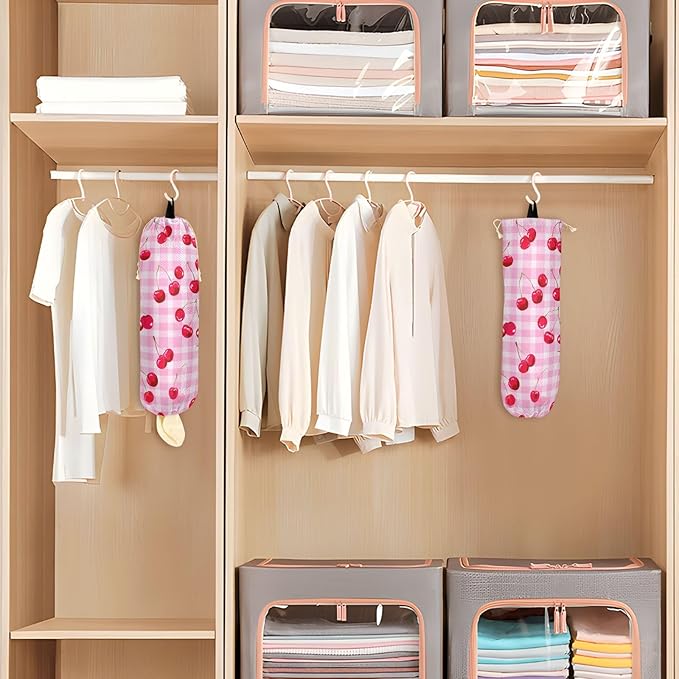 Plastic Bag Holder Wall Mount Grocery Bag Shopping Bag Storage Holder Organizer Dispenser with Adhesive Hook,for Kitchen Bathroom Home Decor 9x22 Inches Pink Juicy Checkered Cherry30