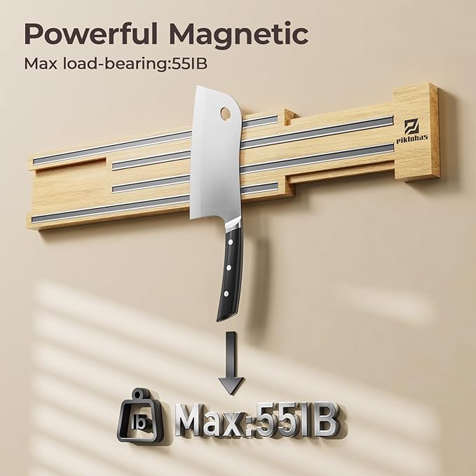Extendable 32Inch Magnetic Knife Holder for Wall with Screw & Adhesive Mounting, Wood Magnetic Knife Strip from 16 to 32 Inch for Knife Bar, Knife Holder, Kitchen Utensil Organizer or Tool Room