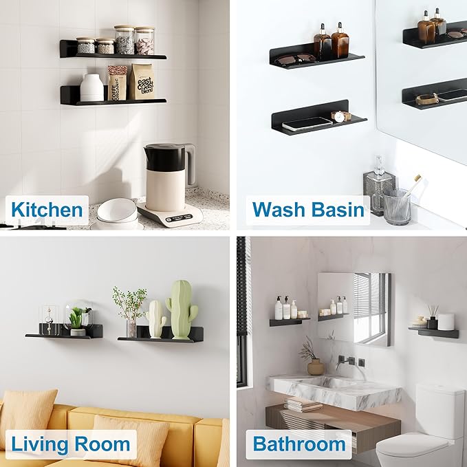 SAYAYO Black Floating Shelves for Wall Storage, 12 Inch Adhesive Wall Shelves for Bedroom Decor, Display Bathroom Shelf Organizer for Kitchen, Living Room, Office, 2pcs