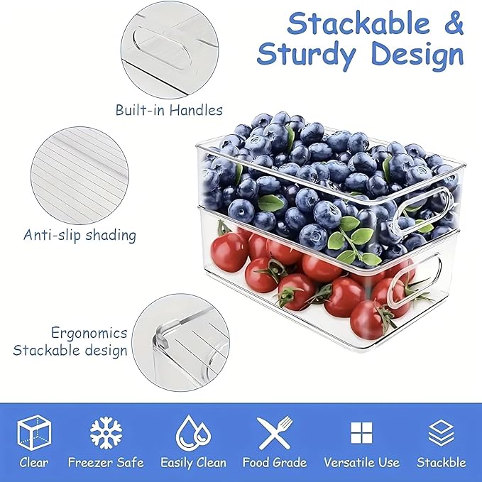 ZHOHO TANT 7 Pack Refrigerator Organizer Bins, 4 Sizes Stackable Clear Pantry Storage Bins with Handles for Fridge, Freezer, Shelves, Drawer, Bins, Snack Organizer for Home & Kitchen