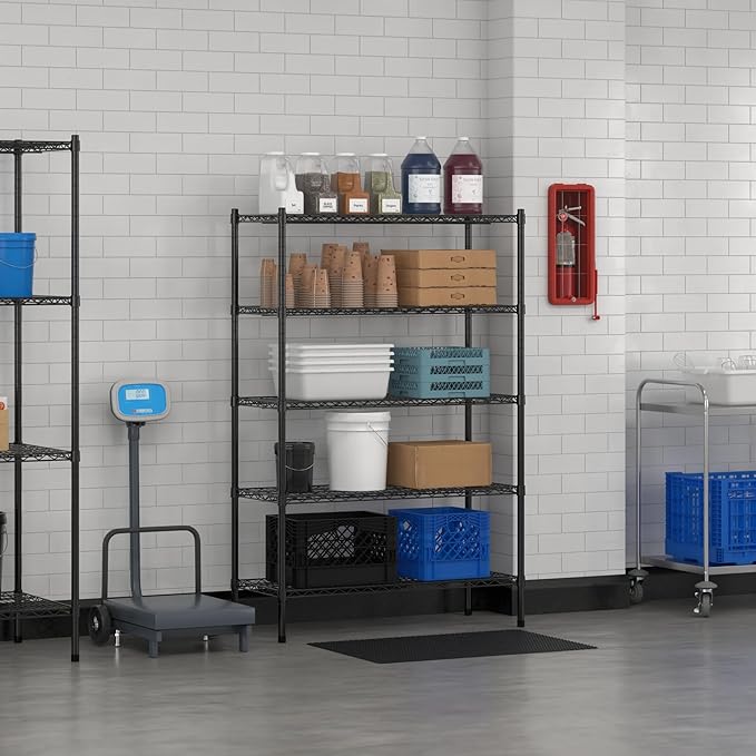 Commercial NSF Listed Black Epoxy Stationary Wire Shelving Kit 18" x 42" x 64", with 5 Shelves Perfect for Warehouse, Walk-in Refrigerator, Freezer, Grocery Store, Restaurant, Dishroom