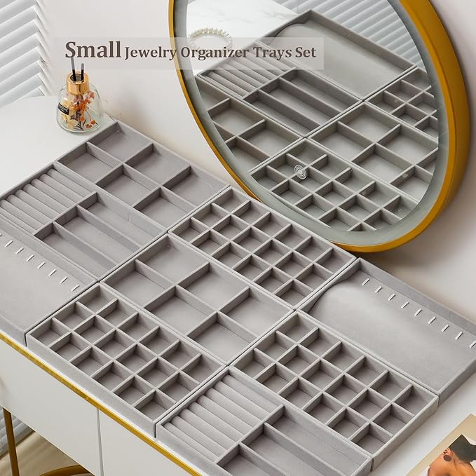 Jewelry Trays Organizer for Drawer, 9 Set of Small Jewelry Display Case Storage Velvet Stackable Drawer Inserts Organizer for Necklaces Bracelets Earrings Rings (Grey)