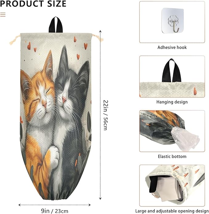 Cats in Love Plastic Bag Holder Kitchen Storage Accessories Grocery Bag Storage Durable Plastic Bag Organizer with Hanging Loop 2 Pack