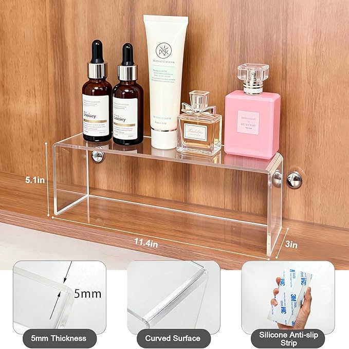 2-Pack Acrylic Medicine Cabinet Organizer, Clear Bathroom Shelves with 2 Non-Slip Pads for Vanity & RV Storage (2 x 11.4x3x5.1in)