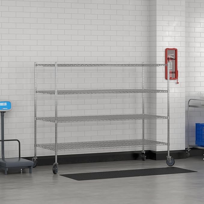 Commercial NSF Listed Chrome Mobile Wire Shelving Kit 30" x 72" x 60", with 4 Shelves Perfect for Warehouse, Walk-in Refrigerator, Freezer, Grocery Store, Restaurant, Dishroom