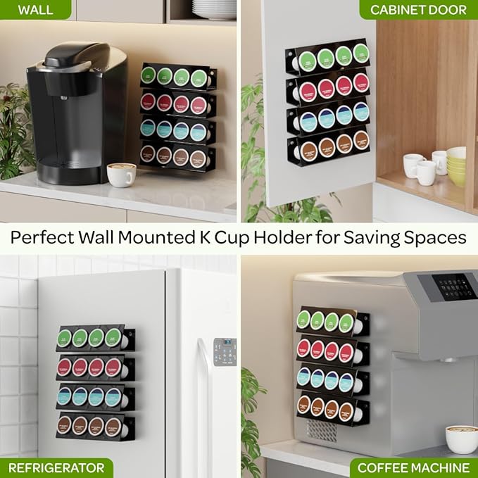 K Cup Holders, Acrylic Coffee Pods Organizer Stand Magnetic & Self-Adhesive Wall Mounted K Cup Stand for Kitchen Wall, Cabinet, Fridge (4 Pack for 16 Pods)