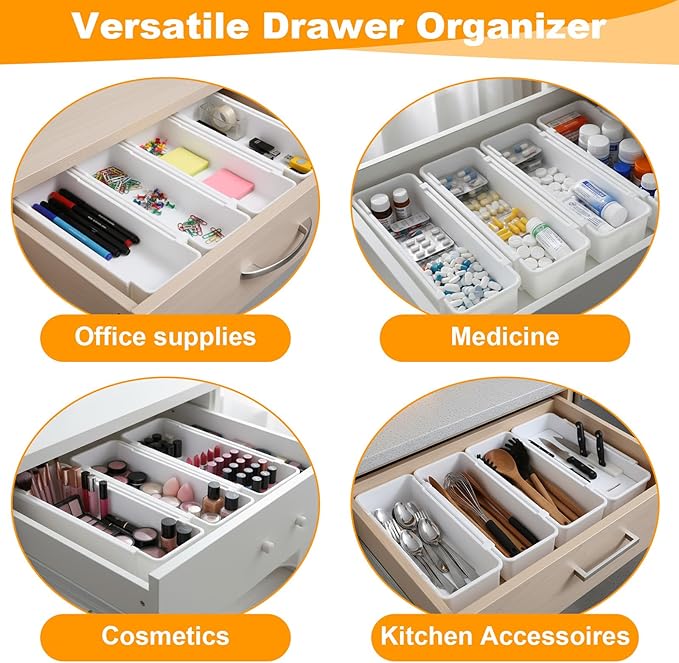 4pcs white drawer organizer Expandable drawer dividers vanity Drawers Storage Tray Expandable drawers organizer trays Dividers to Organize and Store for Bedroom, Bathroom, Kitchen Utensils