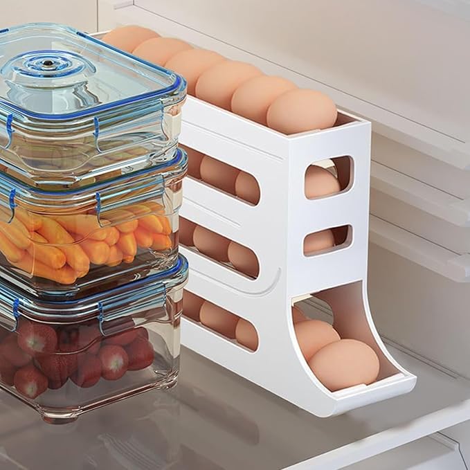 IbErsacs 4 Tiers Egg Holder for Fridge， Automatic Egg Rolling Rack, 30 Eggs Storage Rack, Egg Distributor for Refrigerator, Egg Storage Rack for Kitchen (Cream Color), 14.12x2.75x7.84in