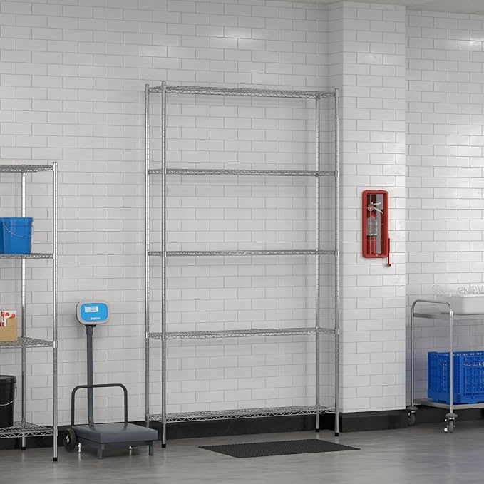 Commercial NSF Listed Chrome Stationary Wire Shelving Kit 12" x 54" x 96", with 5 Shelves Perfect for Warehouse, Walk-in Refrigerator, Freezer, Grocery Store, Restaurant, Dishroom