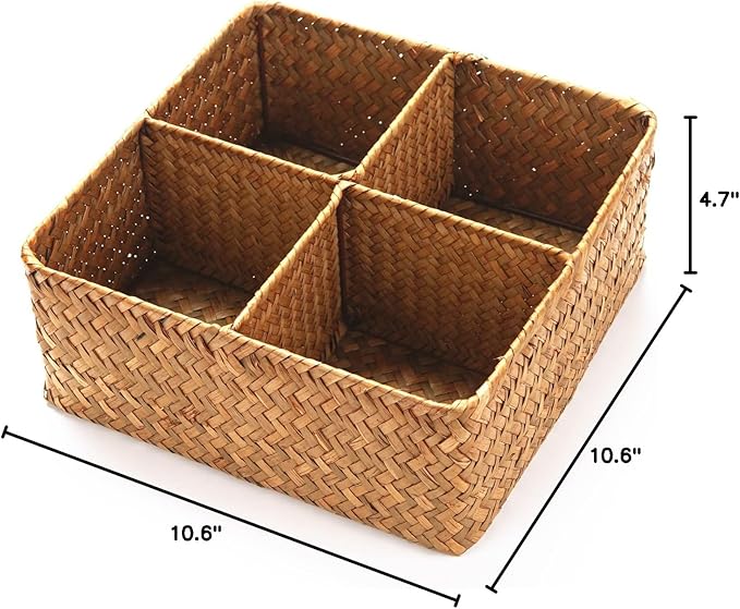 Woven Seagrass Storage Basket with 4 Divided Sections, Wicker Basket Bin Box Organizer for Countertops/Closet/Shelf/Dresser