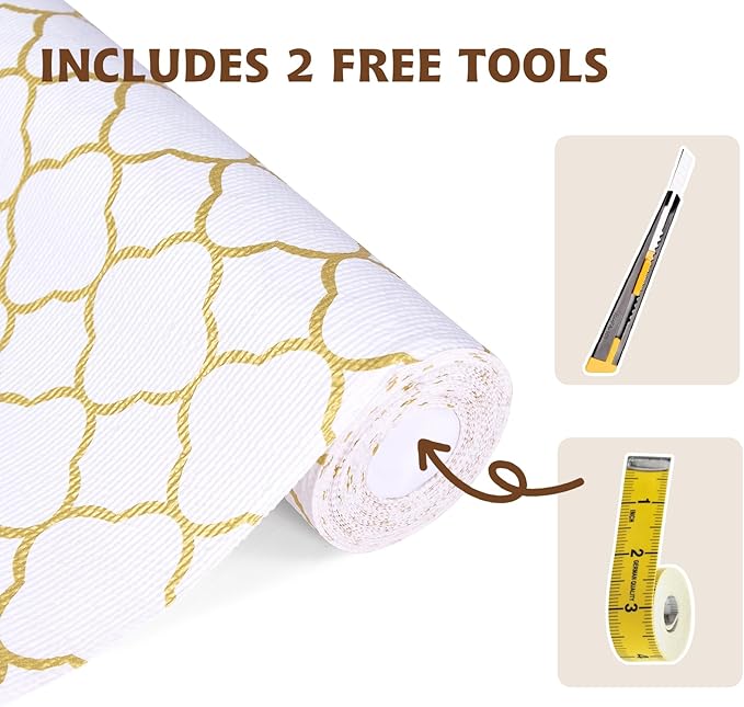 Shelf Liners for Kitchen Cabinets 12in x 30FT Non Adhesive Drawer Liner Gold Quatrefoil Thickened Shelf Liner Paper Strong Non-Slip Easy to Clean for Tool Box Refrigerator with Knife and Tape Measure