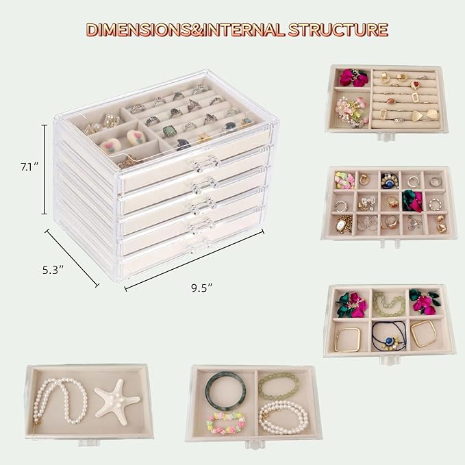 Clear Acrylic Jewelry Organizer with 5 Drawers, Acrylic Jewelry Box with Velvet Trays for Women, Transparent Earrings Display Holder for Storing Necklaces Earrings Rings, Beige