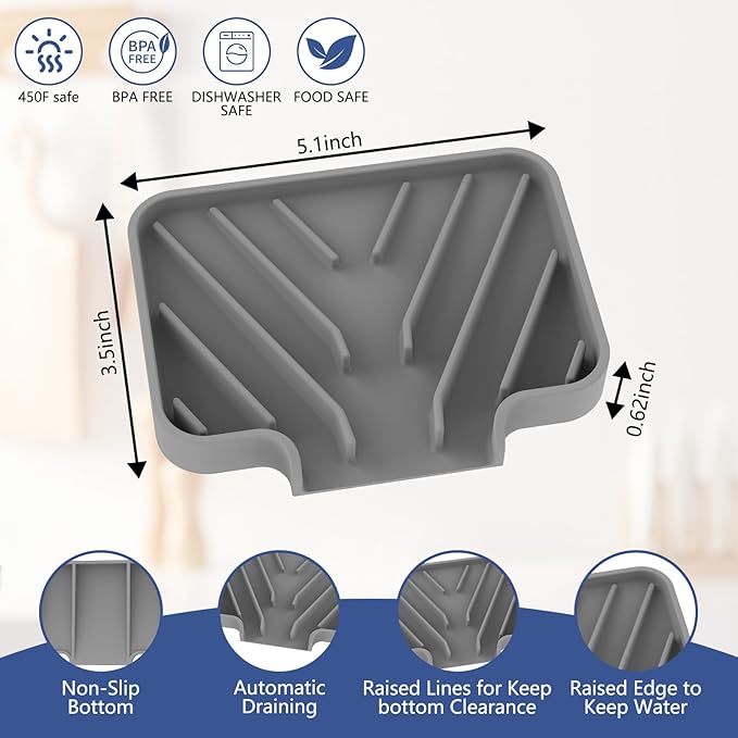Silicone Soap Dish for Shower and Bathroom - Small Bar Soap Holder with Self Draining Spout - Non-Slip Sink Tray Organizer for Kitchen Counter and Narrow Ledge, Gray (3.5" x 5")