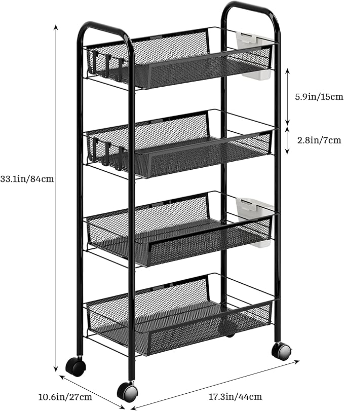Snack Cart with Wheels Fruit Vegetable Basket Storage Cart 4 Tier Stackable Metal Basket with 360 Degree Wheels 41 Inch High Kitchen Storage Pantry Bathroom (Black 4-Layers)