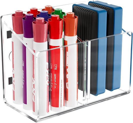 MaxGear Magnetic Dry Erase Marker Holder, 2 Compartments Clear Acrylic Pen & Marker Organizer with Strong Magnet for Whiteboard, Fridge & Locker, Holds 9-18 Markers/4 Erasers