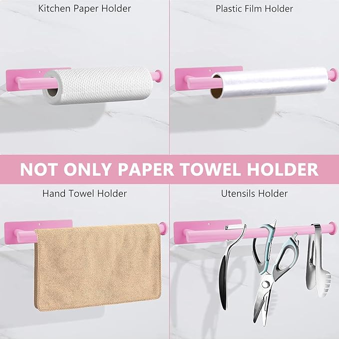 Pink Paper Towel Holder, Self Adhesive Paper Towels Roll Holders Under Cabinet, Stainless Steel Wall Mount Towel Paper Holder for Kitchen, Bathroom